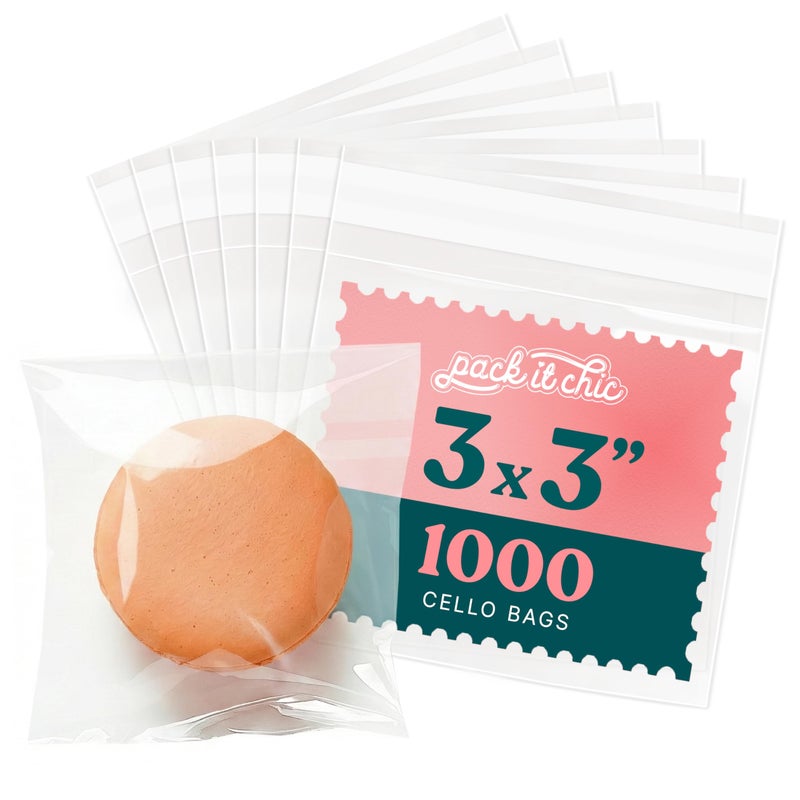 Pack It Chic - 3" X 3" Clear Self Sealing Cellophane Bags (1000 Pack) - Cookie Bags With Resealable Adhesive for Baked Goods Packaging, Candy, Small Treats, Bakery, Party Favors - Image 1